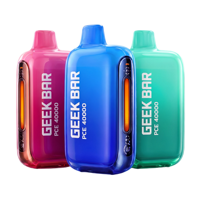 Geek Bar PCE 40000 disposable vape in pink, blue and green