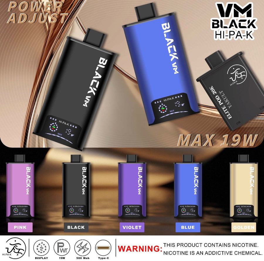 Hipak X Black VM device colourways — pink, black, violet, blue and golden, with 19W power adjust, 500mAh battery and USB-C charging — Vapor Space UAE