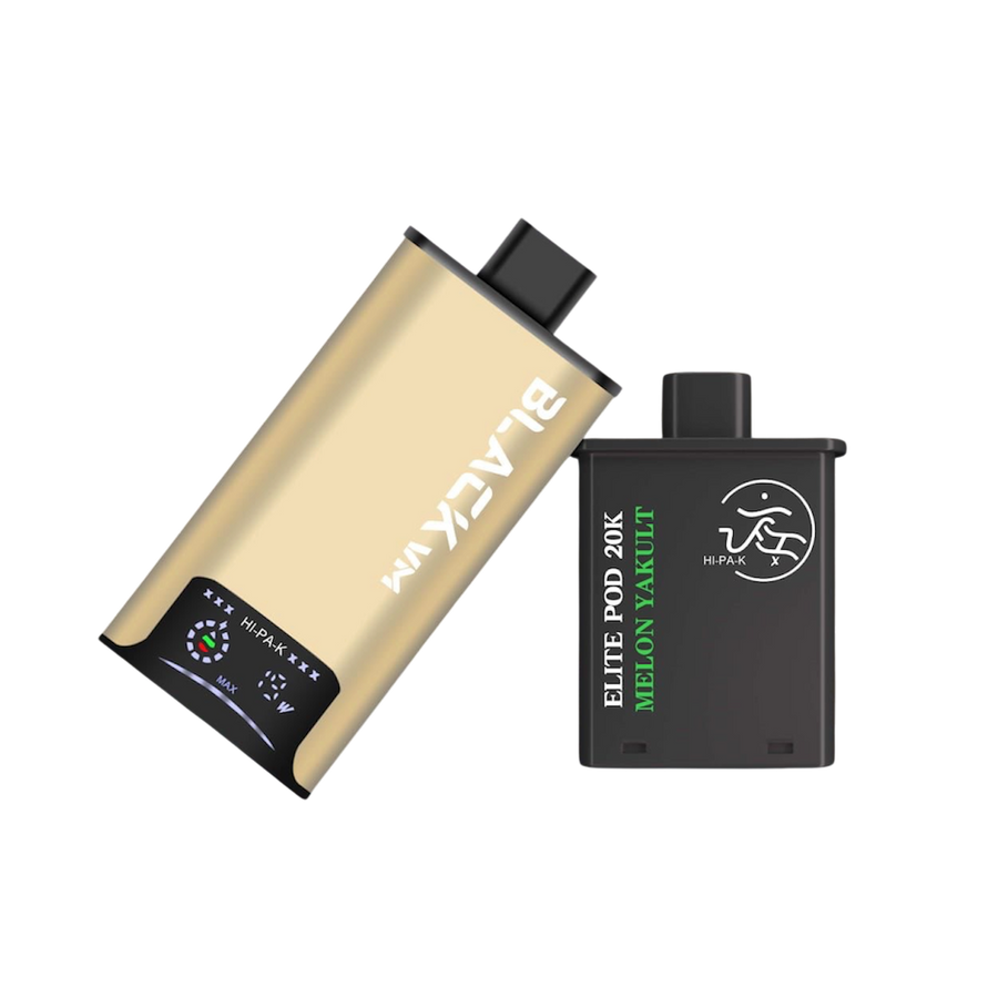 Hipak X Black VM replacement pod, Melon Yakult flavour, shown with the golden device — Vapor Space UAE