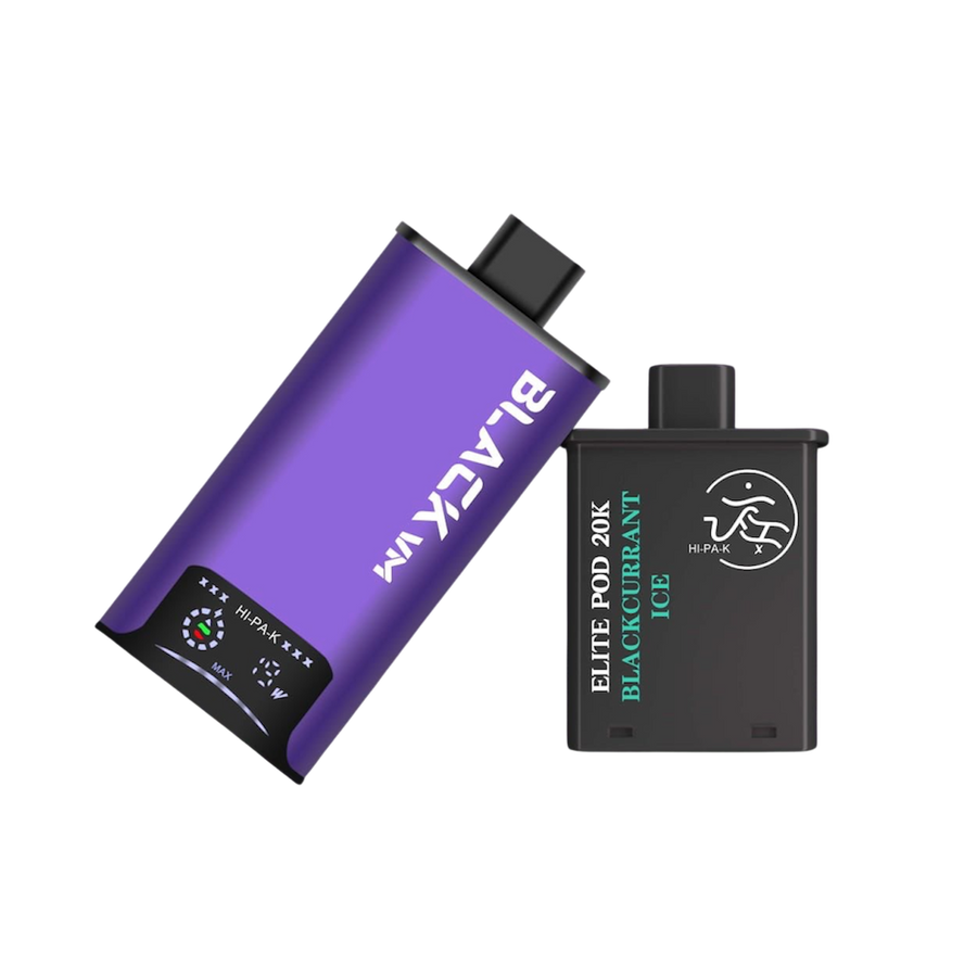 Hipak X Black VM replacement pod, Blackcurrant Ice flavour, shown with the violet device — Vapor Space UAE