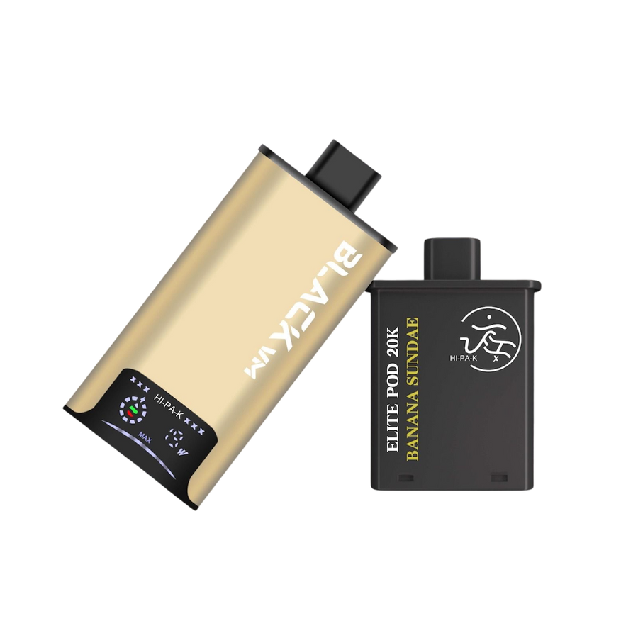 Hipak X Black VM replacement pod, Banana Sundae flavour, shown with the golden device — Vapor Space UAE