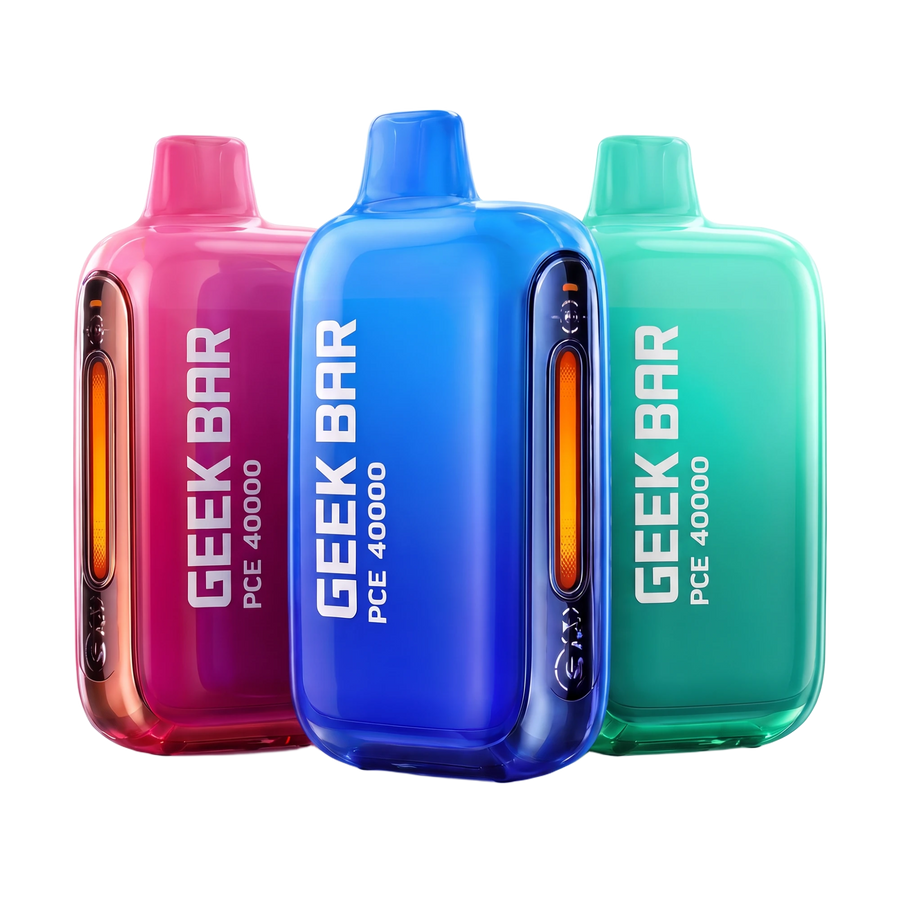 Geek Bar PCE 40000 disposable vape in pink, blue and green